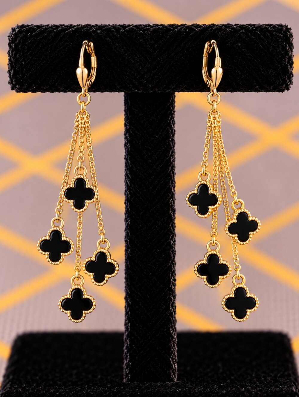 22kgp Dubai Jewelry Gold Tone Black Clover Dangle Earrings - Women's Jewelry